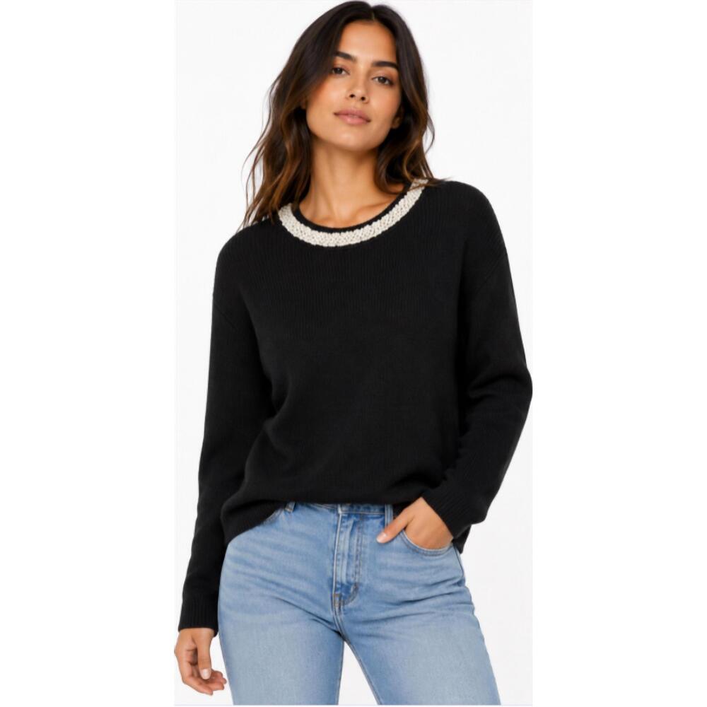 NEW DREW aurora jewel long sleeve crew sweater in black/ivory